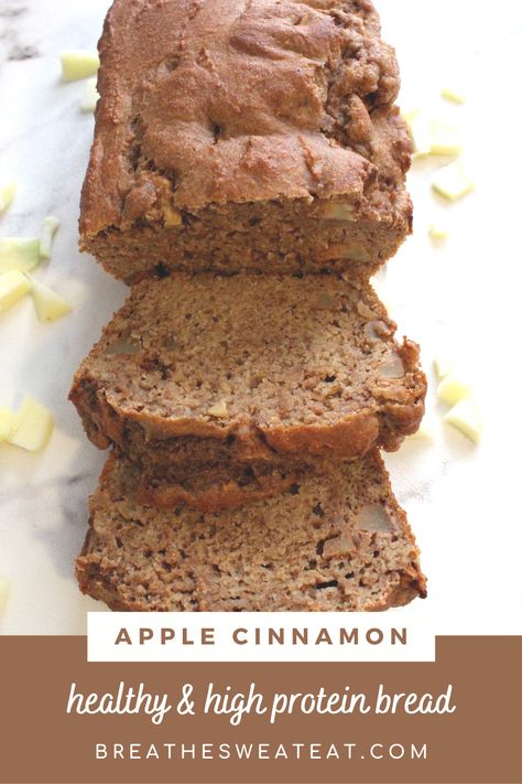 MACRO-FRIENDLY CINNAMON APPLE BREAD made with greek yogurt & apple sauce 🍎🍏 Each loaf makes 8 large slices with 200 calories and 10 grams of protein, each with delicious bites of bakes apples and fall goodness 😋 For only a few simple ingredients, this bread could bey yours! Follow @BreatheSweatEat for more healthy and macro friendly recipes! Protein Apple Desserts, Greek Yogurt Apple Bread, Desserts With Apple Sauce, Macro Apple Recipes, High Protein Breakfast Loaf, Macro Friendly Apple Recipes, Apple Recipes Protein, Protein Cinnamon Bread, Macro Friendly Fall Desserts