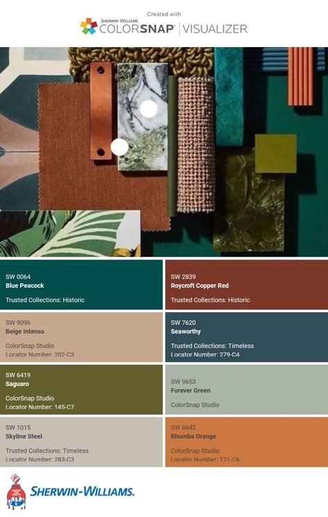 Olive Teal Color Palette, Green Office Color Palette, Dark Green Home Color Palette, Eclectic Color Palette Interiors, Mid Century Boho Color Palette, Earth Tone Eclectic Living Room, Midcentury Modern Living Room Paint Colors, Eclectic Interior Color Palette, Orange And Green Living Room Ideas