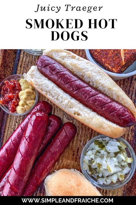 This easy smoked hot dogs recipe is perfect for your next cook-out. All you have to do is score the hot dogs, then set-em, and forget-em! The result is a juicy hot dog with a delicious smoke flavor that everyone will enjoy. Smoked Hot Dogs, Lobster Cakes, Hot Dog Pasta, Smoked Dishes, Smoked Burgers, Smoked Mac And Cheese, Toppings Bar, Lemon Dill Sauce, Easy Coleslaw