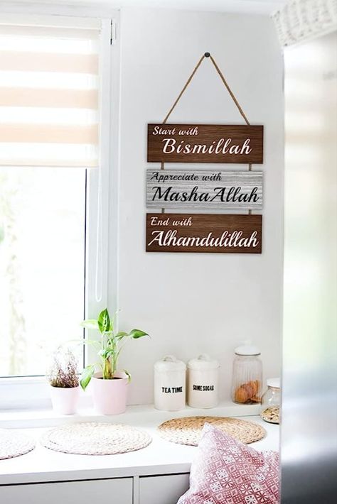 Dazingart Islamic Wood Wall Art Quote - Start with Bismillah, Appreciate with MashaAllah, End with Alhamdulillah, Rustic Arabic Calligraphy Wooden Farmhouse Wall Decor, Muslim Decor Kitchen Sign Kitchen Wall Art Diy, End With Alhamdulillah, Start With Bismillah, Channel Ideas, Wooden Farmhouse, Kitchen Sign, Art Quote, Kitchen Diy, Farmhouse Wall Decor