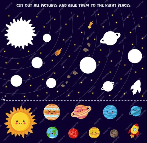 Premium Vector | Cut out all pictures and glue them to the right places. sun and planets in cartoon style. Sun And Planets, Planets Activities, Planet Project, Preschool Activities Printable, Planet For Kids, Body Hacks, Vector Cut, Family Art, Paper Crafts Diy Kids