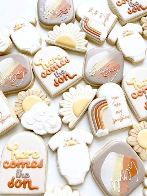 Sunshine Baby Shower Cookies, Here Comes The Son Cookies, Son Baby Shower Theme, Bday Vibes, Pumpkin Gender Reveal, Here Comes The Son, Orange Cupcakes, Baby Shower Theme Decorations, Sunshine Baby Showers