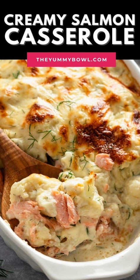 Salmon Cauliflower Casserole is a delicious pasta-free dish that combines seafood and vegetables in a luscious white sauce for a hearty yet low-carb meal option your whole family will love. Salmon Cauliflower, Salmon And Vegetables, Salmon Casserole, Fish Casserole, Low Carb Salmon, Creamy Salmon, Canned Salmon Recipes, Easy Casserole Dishes, Salmon Recipes Baked Healthy