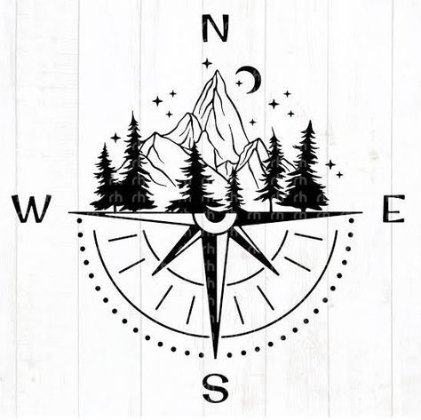 Compass Drawing Ideas, Western Compass Tattoo, Wander Drawing Ideas, Camping Drawing Illustrations, Mountain Compass Tattoo, Compass Mountain Tattoo, Wander Drawing, Travel Doodle Art, Compass Drawing Design