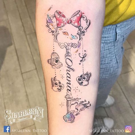 Disney Key Tattoo, Key Tattoo Ideas, Kid Tattoos For Moms, Grandchildren Tattoos, Disney Inspired Tattoos, Key Tattoo Designs, Disney Sleeve Tattoos, Disney Sleeve, Key Tattoos