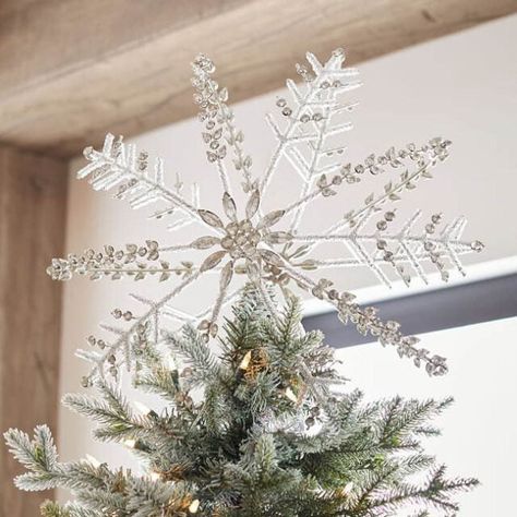 Best Christmas Tree Toppers, Snowflake Tree Topper, Snowflake Decor, Pottery Barn Christmas, Snowflake Tree, German Glass Glitter, Holiday Inspo, Angel Tree Topper, Glass Ball Ornaments