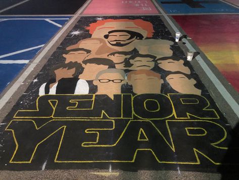 My brother and all his buddies in a star wars theme layout for his senior parking spot Star Wars Senior Parking Spot, Star Wars Parking Spot Painting, Parking Ideas, Senior Year Things, Senior Parking Spot, Parking Spot Painting, Spot Painting, Space Movies, School Scrapbook