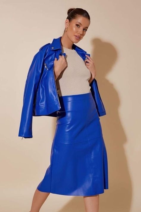 Blue Leather Skirt, Faux Leather Skirt, Faux Leather Jacket, Leather Outfit, Faux Leather Jackets, Cute Woman, Raw Edge, Winter Season, A Line Skirt