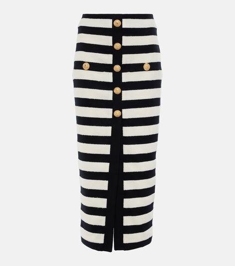 Balmain Skirt, Balmain Tweed, Black And White Clothing, Tweed Midi Skirt, Skirts And Blouses, Designer Skirts, Cotton Midi Skirt, Striped Midi Skirt, White Clothing