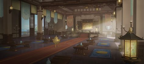 Meeting Room Concept Art, Fantasy Meeting Room, Ancient Chinese Room, Chinese Palace Interior, Perspective Room, Chinese Banquet, Pokemon Conquest, Chinese Empress, Chinese Room