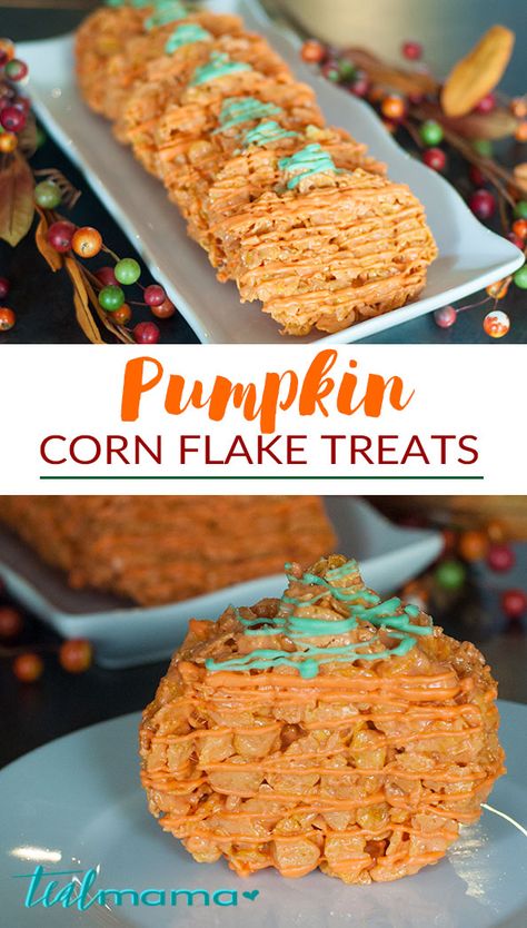 pumpkin-corn-flake-treats Corn Flake Treats, Rice Crispy Bars, Pumpkin Shaped Cookies, Flake Recipes, Corn Flakes Cereal, Corn Flake, Thanksgiving Meals, Easy Halloween Food, Cinnamon Recipes