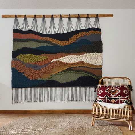 Handwoven textile in an earthy landscape shape adds color and visual interest to hotel interiors. Niceville Florida, Large Woven Wall Hanging, Handmade Wall Hangings, Textile Fiber Art, Hospitality Design, Woven Wall Hanging, Commission Art, Scandinavian Interior, Landscape Walls