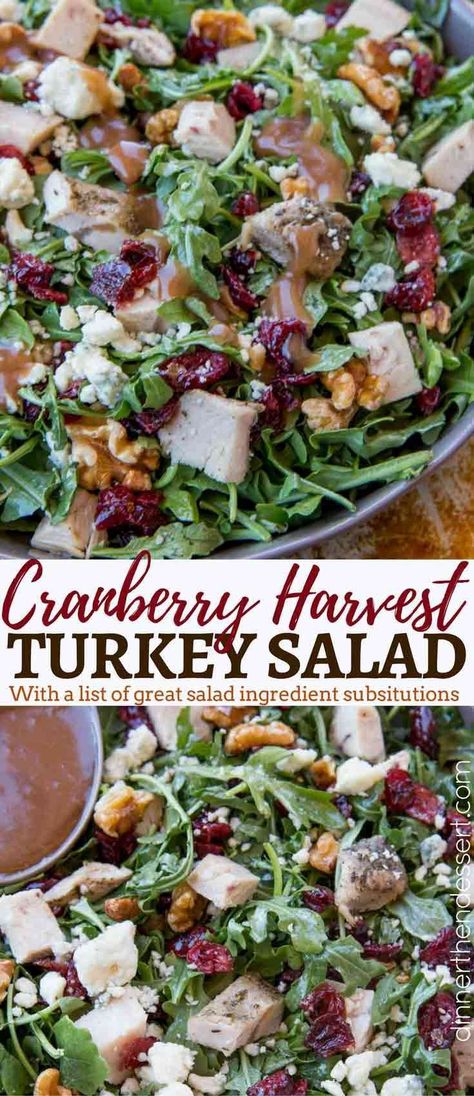 Cranberry Harvest Turkey Salad made with arugula, turkey breast, cranberries, gorgonzola, and walnuts with a delicious and easy balsamic vinaigrette. Dessert Salad Recipes, Turkey Salad Recipe, Dinner Then Dessert, Salad Dinner, Turkey Salad, Cranberry Salad, Main Dish Salads, Dessert Salads, Balsamic Vinaigrette