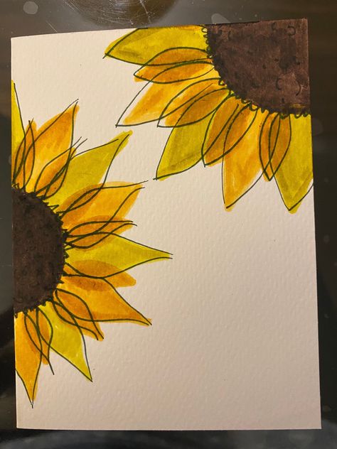 Hand-drawn sunflowers card! Perfect for any occasion.  Style may vary between cards as each one is made to order! A personalised greeting message can be added to the front on request. Size: A6 or A7 Don't hesistate to get in touch with any questions! Sunflower Birthday Card Ideas, Yellow Card Ideas, Greeting Cards Drawing, Sunflower Cards Handmade, Homemade Thank You Cards, Cute Card Designs, Sunflower Birthday Card, Watercolor 101, Hand Drawn Sunflower