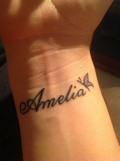 In loving memory of my beautiful daughter Amelia Louise xx Daughters Name Tattoo, In Loving Memory Tattoos, Name Tattoos On Wrist, Wrist Tattoos For Women, Name Tattoo Designs, Rose Tattoo Design, Classic Tattoo, Memorial Tattoos, Baby Tattoos