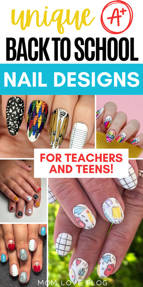 Collage of back to school nails for teachers and teens. Back To School Nails For Kids, School Teacher Nails, Teacher Nails Designs Back To School, School Themed Nails, Math Nails, Back To School Nails For Teachers, Back To School Nails For Teens, Back To School Nails Almond, Teacher Nails Designs