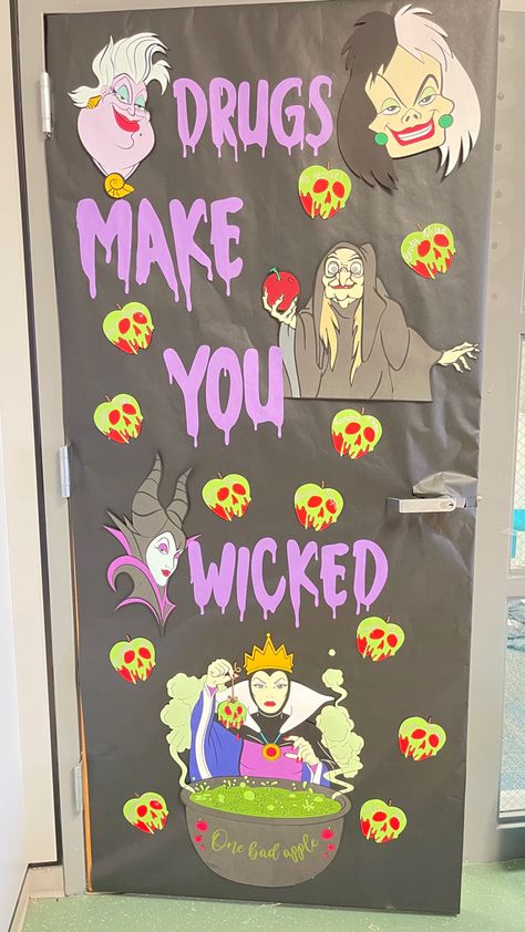 Red Ribbon Spirit Week Ideas, Disney Red Ribbon Week, Disney Villain Door Decorations, Red Ribbon Week Movie Theme, Red Ribbon Doors Ideas, Halloween School Nurse Door Decorations, Life Is A Movie Red Ribbon Week, Disney Halloween Classroom Door, Red Ribbon Week 2024 Theme