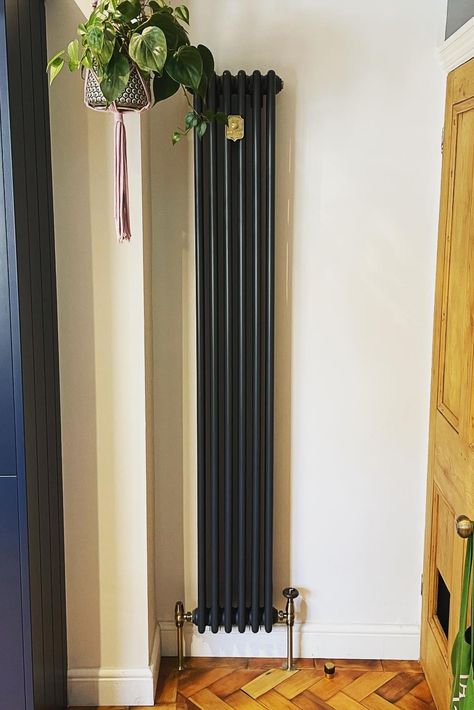 Black Vertical Radiator, Vertical Radiator Hallway, Tall Radiator Hallway, Tall Radiator, Vertical Radiator, Vertical Radiators Living Room, Hallway Radiator Ideas, Kitchen Radiator Ideas, Victorian House Bedroom