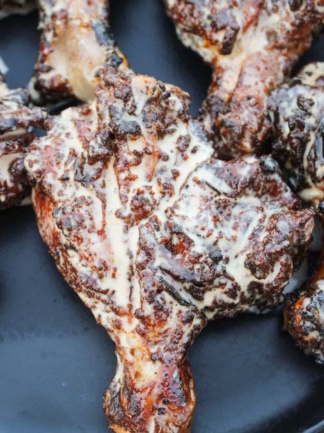 These Grilled Butterflied Chicken Drumsticks with Alabama White Sauce are a simple, fun, and quick way to cook chicken! Butterflied chicken is lathered in a BBQ spice rub, grilled until crispy, and then served with a rich, creamy, sweet, and spicy sauce!