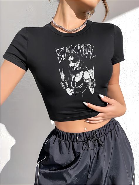 Gothic Graphic Print T-shirt, Casual Short Sleeve Crew Neck Crop Top For Spring & Summer, Women's Clothing https://share.temu.com/ZoDVBHVOFSA via @shoptemu Long Blazer Vest, Pastel Goth Outfits, Goth Outfit, Lace Ball Gowns, Outfits Y2k, Y2k Clothing, Summer Crop Tops, Sleeveless Jacket, Summer Black