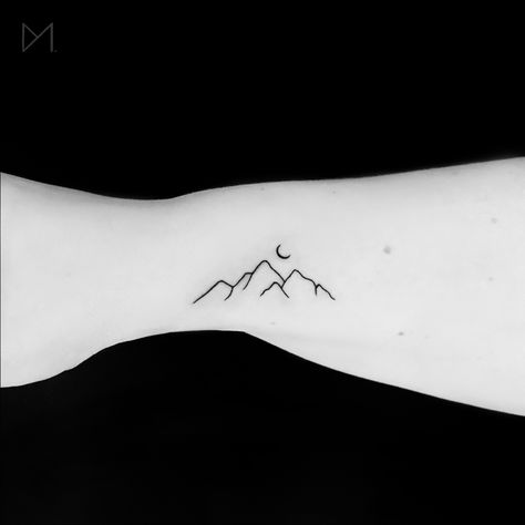 Moon & Mountains Tattoo Mountains With Moon Tattoo, Small Mountain And Sun Tattoo, Mountain And Moon Tattoo Simple, Simple Fine Line Mountain Tattoo, Mountain With A View Tattoo, Mountain Outline Tattoo Simple, Mountain Tattoo With Moon, Mountain Tattoo Ankle, Small Tattoos Mountains