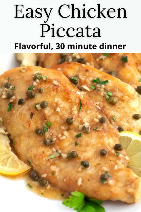 Looking for your next company-worthy Italian dish? This Chicken Piccata with Artichokes and White Wine yields juicy, tender chicken coated in a flavorful sauce layered with garlic, lemon, white wine, capers, and artichoke hearts. Serve over pasta or with simple side dishes for a tasty 30 minute dinner. Chicken Piccata With Artichokes, Easy Chicken Piccata, Chicken Piccata Pasta, Piccata Recipe, 30 Minute Dinners, Simple Chicken, Chicken Piccata, Fast Dinners, Savory Chicken