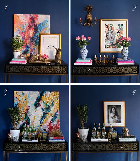 1 Console Table 4 Ways // swoonworthy How To Style A Credenza, Statement Hallway, Style A Console Table, How To Style A Console Table, Estilo Kitsch, Console Table Decor, Console Table Styling, Console Styling, Eclectic Boho