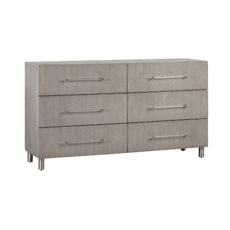 Features :   Product weight: 231 lbs  One dresser  Six drawers  Large clear bar handles for easy access to drawers  Round metal feet with floor protectors  Gorgeous rustic design  18 L X 64 W x 18 H, in inches      Description:  Minimalistically designed and beautifully crafted, this stunning dresser exudes class and a transitional flair to any modern home. Featuring six spacious drawers with steel accents and a sturdy tabletop for nighttime essentials, this dresser is guaranteed to provide sle Lining Dresser Drawers, Industrial Glam, Solid Wood Dresser, Misty Grey, Wooden Dresser, Bedroom Panel, Headboard Designs, Wood Dresser, Modern Dresser