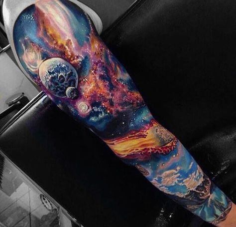 75 Universe Tattoo Designs For Men - Matter And Space Galaxy Tattoo Sleeve, Space Tattoo Sleeve, Outer Space Tattoos, Cosmic Tattoo, Realistisches Tattoo, 16 Tattoo, Universe Tattoo, M Tattoos, Galaxy Tattoo