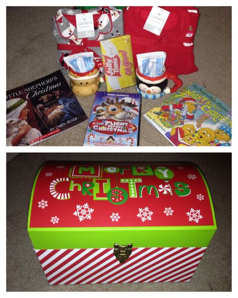 Christmas Eve box! Found the chest at Hobby Lobby and filled it with new Christmas pjs, books, a movie, hot chocolate, new mugs, and popcorn! New tradition! Can reuse the box every year! Diy Christmas Eve Box, Christmas Eve Box For Adults, Christmas Eve Box Ideas, Night Before Christmas Box, Xmas Eve Boxes, Its Christmas Eve, Christmas Eve Traditions, Hobby Lobby Christmas, Box Chocolate