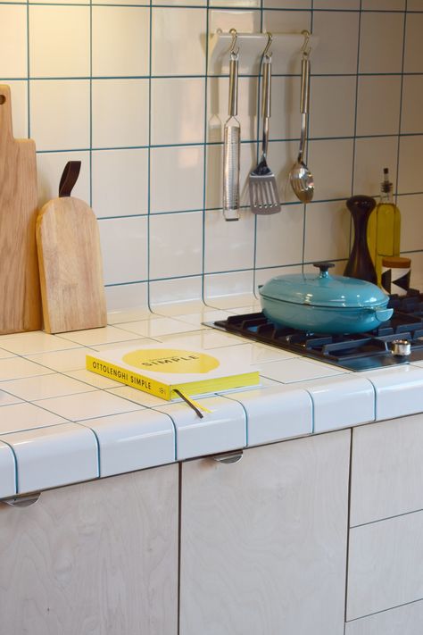 Yellow Grout Kitchen, Colour Grout Kitchen, Colourful Grout Kitchen, Retro Tile Kitchen, Tiled Kitchen Worktop, Colored Grout Kitchen, Kitchen Top Tiles, Coloured Grout Kitchen, Tile Worktop