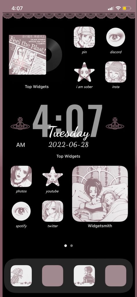 Phone Widget Aesthetic Black, Nana Phone Aesthetic, Theme For Phone Screen, Anime Phone Widgets, Cute Anime Phone Themes, Cute Phone Themes Black, Matching Phone Themes, Nana Anime Wallpaper Iphone, Nana Themed Homescreen