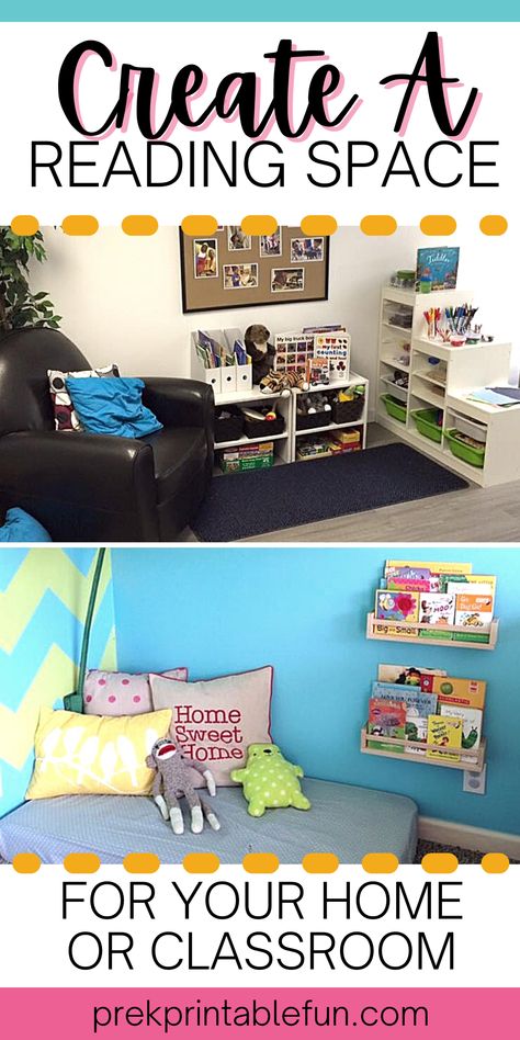 A reading space (or Library as it is sometimes referred to) provides an area for young children to independently examine books and literacy materials. Below you can find some great Library & Reading Spaces shared by our readers​ as well as suggested items to add to your space based on the ages you care for. Book Area Ideas For Preschool, Preschool Library Center Ideas, Space For Preschoolers, Preschool Library Center, Daycare Spaces, Great Library, Preschool Library, Reading Spaces, Book Area