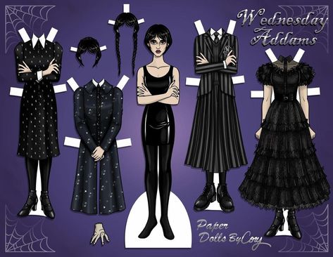 wednesday (art by paperdollsbycory) Paper Dolls By Cory Jensen, Manga Paper, Wednesday Art, Wednesday Addams Dress, Raven Nevermore, Addams Dress, Disney Paper Dolls, Tom Tierney, Wednesday Addams Costume