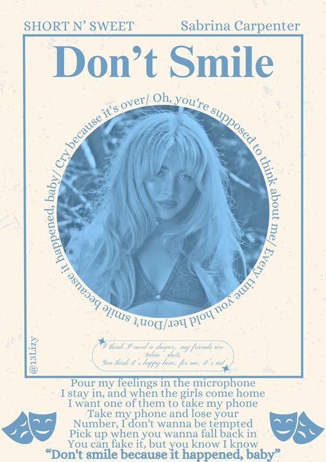 Don’t Smile Sabrina Carpenter Lyrics, Fan Girl Posters Sabrina Carpenter, Dont Smile Sabrina Carpenter, Short N Sweet Poster, Sabrina Poster, Fangirl Posters, Sabrina Carpenter Movies, Sabrina Carpenter Poster, Smile Lyrics