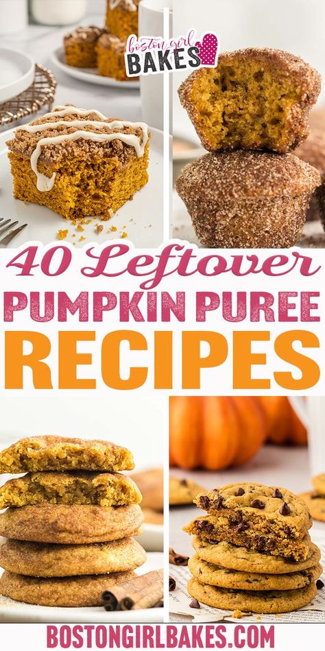 If you have a can of leftover pumpkin puree and don’t want it to go to waste, then make one of these pumpkin recipes that all use less than one can of canned pumpkin. From breakfast recipes, to cheesecakes, cookies, brownies, breads – even a few healthy pumpkin treats! If you’re like me during pumpkin spice season you always seem to find yourself with a a leftover can of pumpkin puree. There isn’t a full can to maybe make my pumpkin cheesecake or pumpkin bars. | @bostongirlbakes #PumpkinRecipes Leftover Pumpkin Puree, Healthy Pumpkin Dessert, Puree Recipes, Pumpkin Puree Recipes, Easy Pumpkin Dessert, Pumpkin Treats, Leftover Pumpkin, Cookies Brownies, Pumpkin Bars