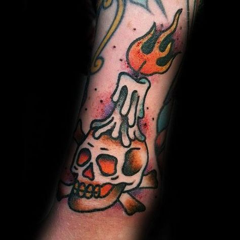 Male Vintage Skull Candle Forearm Tattoo Skull Candle Tattoo, Traditional Candle Tattoo, Skull With Candle, Traditional Skull Tattoo, Traditional Skull, Coffin Tattoo, Evil Skull Tattoo, Sailor Tattoos, Pin Up Girl Tattoo