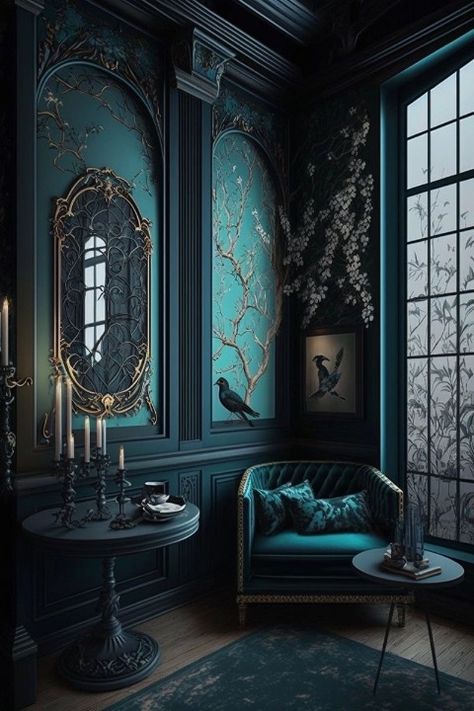 Art Deco Cottage Interior, Moody Blue Office, Great Gatsby Interior, Art Deco Interior 1920s, Nest Room, Gatsby House, Romance Decor, Gothic Living Room, Teal Palette