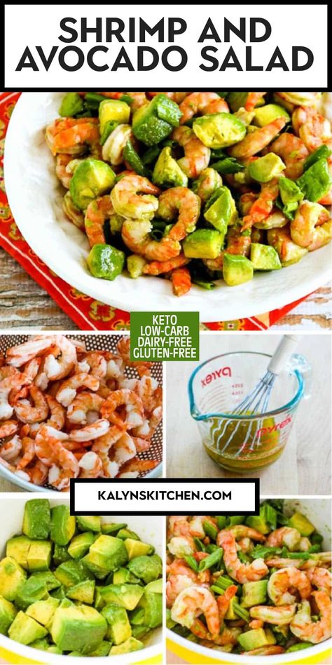 "Pinterest Image of Shrimp and Avocado Salad (Video) showing salad on serving plate with four photos of salad ingredients in various stages of preparation." Avocado Shrimp Salad, Shrimp Avocado Salad Recipe, Shrimp And Avocado Salad, Shrimp And Avocado, Shrimp Avocado Salad, Shrimp Avocado, Fresh Salad Recipes, Favorite Salad, Fresh Salad