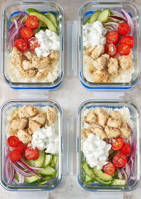 chicken meal prep bowls Chicken Meal Prep Bowls, Balanced Lunch, Office Meals, Greek Sauce, Fitness Meal Prep, Greek Chicken Salad, Chicken Bowls, Bake Chicken, Prep Bowls