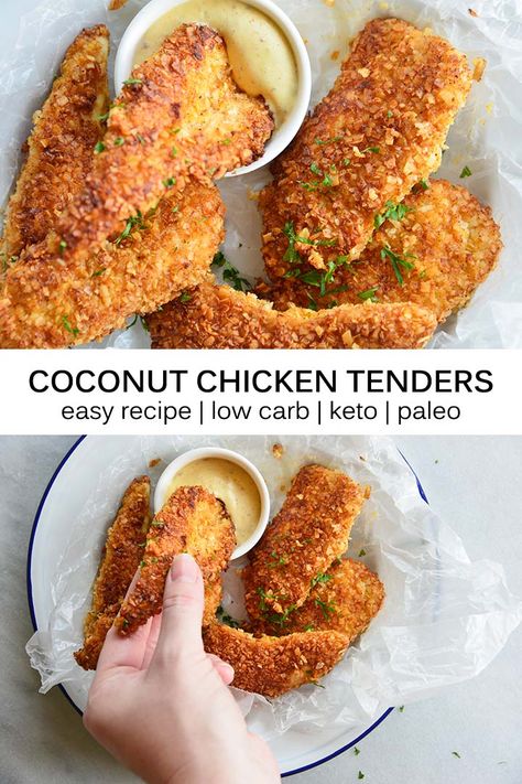 Coconut Chicken Tenders Gluten Free Coconut Chicken, Crispy Coconut Chicken, Pan Fried Chicken Tenders, Coconut Chicken Tenders, Pan Fried Chicken Breast, Perfect Fried Chicken, Chicken Strip Recipes, Chicken Tenders Recipe, Fried Chicken Tenders