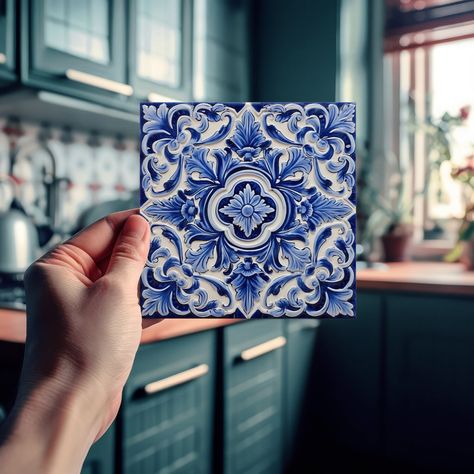 Indigo Azulejo Blue Portuguese Lisbon decorative Talavera ceramic tiles are a beautiful and unique addition to any home. A high-quality product with a timeless esthetic. The blue color of the tiles is inspired by the indigo blue of Lisbon's famous azulejo tiles, adding a touch of history and culture to your space. These tiles are perfect for creating a statement wall or backsplash in your kitchen or bathroom, and their durability makes them suitable for use on both walls and wet surfaces. Add a Italian Tile Backsplash, Portugal Tiles, Blue Backsplash, Back Wallpaper, Creative Kitchen, Portuguese Tiles, Talavera Tiles, Italian Tiles, Tile Inspiration