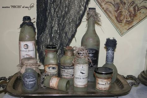 halloween potions, poisons, powders & more DIY - Master"Pieces" of my Life Halloween Container, Halloween Spell Book, Halloween Spells, Halloween Potion Bottles, Halloween Potions, Jar Decor, Crafts Decor, Craft Stash, Scrap Material