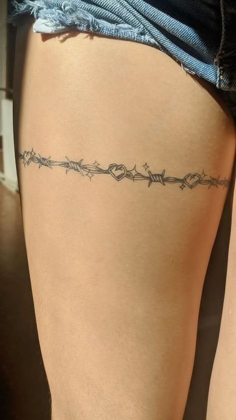 Barbed Wire Arm Tattoo Women, Heart With Barb Wire Tattoo, Barbwire Around Arm Tattoo, Barbed Wire Women Tattoo, Forearm Barbed Wire Tattoo, Leg Cuff Tattoos For Women, Barbed Wire Wrap Tattoo, Name On Leg Tattoo, Barbed Wire Tattoo Around Leg