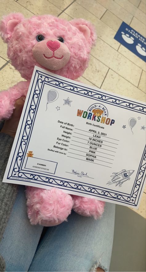 Build A Bear Photoshoot, Build A Bear Certificate, Build A Bear Date, Build A Bear Birthday, Surprise Box, Build A Bear, Pink Eyes, Bear Birthday, Christmas Gifts