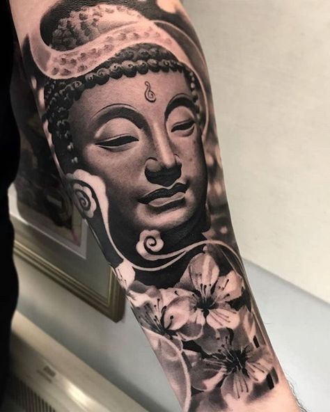 Tattoo Buddhist, Tato Realis, Buddhist Symbol Tattoos, Buddhism Tattoo, Buddha Tattoo Sleeve, Buda Tattoo, Hindu Tattoos, Temple Tattoo, Buddhist Tattoo