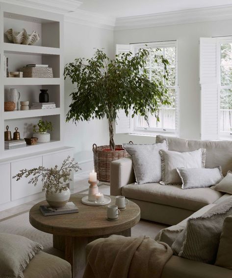 Beige And Grey Living Room, Grey Painted Walls, Brown Lounge, Greige Paint, Small Lounge, White Lounge, Wooden Side Table, Grey Decor, White Living Room