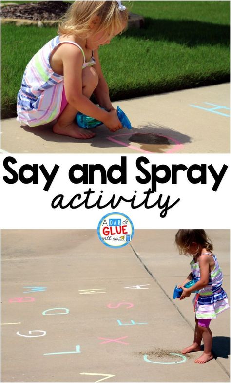 Preschool Letter Recognition Activity - say and spray the chalk letters. Great for summer! Preschool Literacy, Preschool Letters, Summer Learning, Letter Activities, Outdoor Classroom, Alphabet Preschool, Early Literacy, No Doubt, Alphabet Activities