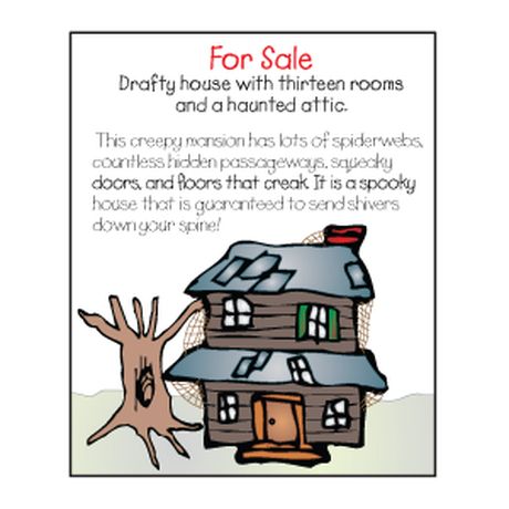 HAUNTED HOUSES FOR SALE:  HALLOWEEN HAUNTED HOUSES FOR SALE WRITING IDEA Haunted House For Sale, Haunted Houses For Sale, Halloween School Activities, Halloween Stations, 6th Grade Writing, Fourth Grade Writing, Writing Center Activities, Halloween Lesson, Primary Writing