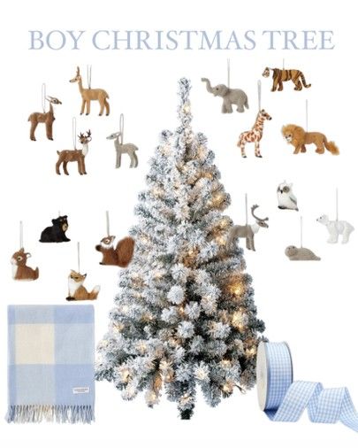 Christmas Tree Nursery, Nursery Christmas Tree Boy, Animal Christmas Decorations, Little Boys Christmas Tree, Blue Gingham Christmas Tree, Boys Room Christmas Tree, Boy Christmas Tree Theme, Christmas Tree For Boys, Toddler Boy Christmas Tree